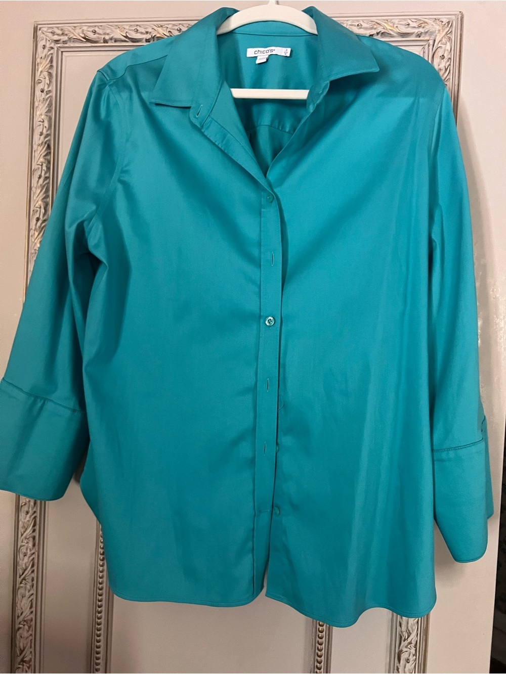 Chico’s Teal Button Front 3/4 Sleeve Blouse Shirt Size XL